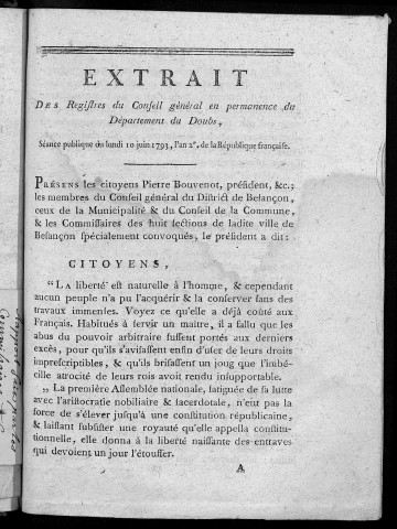 Extrait des registres du Conseil général en permanence du département du Doubs. séance publique du... 10 juin 1793...
