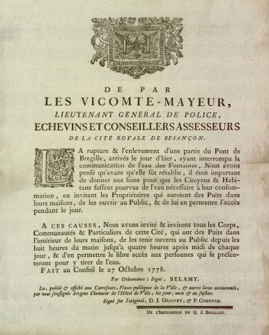 Puits, adjudication de l'entretien des fontaines de la Ville :
- Concessions de filets d'eau faites par la municipalité à divers particuliers (1686-1768).
- Entretien des puits de la ville, établissement de pompes publiques.
- Construction de la citerne publique de Saint-Ferjeux.