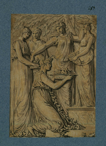 Groupe de femmes drapées à l'antique, officiant pour une sorte d'offrande de fleurs et de fruits / Calque de Pierre-Adrien Pâris sur un dessin de La Rue , [S.l.] : [P.-A. Pâris], [1700-1800]
