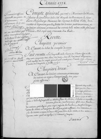 Comptes de la Ville de Besançon, recettes et dépenses, Compte de Pierre Bourdarye (1778)