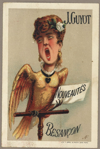 Avis de passage publicitaires de J. Guyot, grands magasins de nouveautés, 21 rue des Granges, Besançon, 3 cartes imprimées par Courbe-Rouzet & Cie, Dole (Jura) et 2 cartes imprimées par Lith. F, Paris.