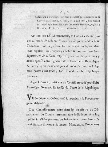 Décret de la Convention nationale, du 18 juin 1793... relatif à l'envoi de deux représentants du peuple dans les départements du Jura, de l'Ain, de la Côte d'Or, du Doubs