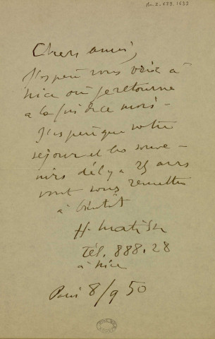 Ms Z 639-1623 - Lettre de Henri Matisse adressée à Adèle et George Besson datée du 8 septembre 1950 après la signature.