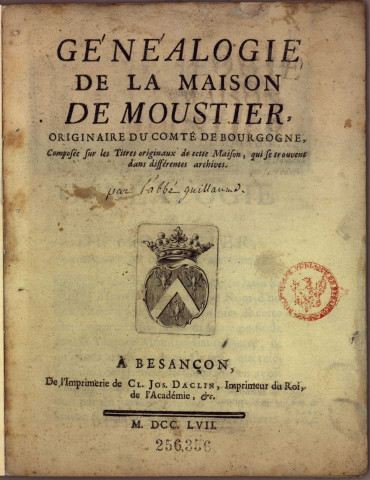 Généalogie de la maison de Moustier, origin. du comté de Bourgogne