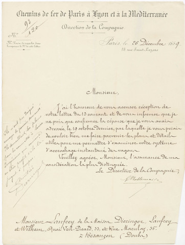 1954.6.20 - Lettre du directeur de la Compagnie des Chemins de fer de Paris à Lyon et à la Méditerranée adressée à Monsieur Lanfrey
