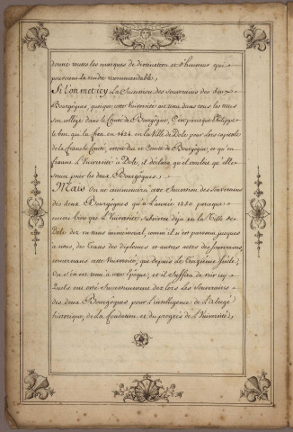 Ms 978 - « Abrégé historique de l'établissement, des droits, des privilèges, du régime et du gouvernement de l'Université du comté de Bourgogne »