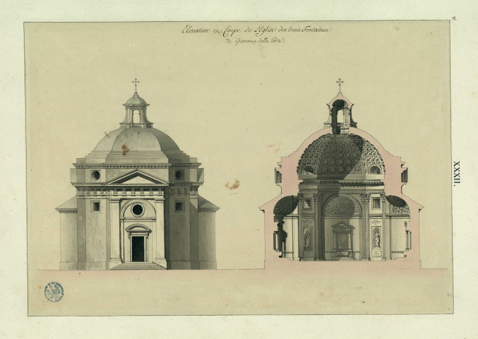Elévation et coupe de l'église des Trois-Fontaines, de Giaccomo della Porta / Pierre-Adrien Pâris , [S.l.] : [P.-A. Pâris], [1700-1800]