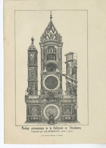 59MDT2 - Horloge astronomique de la cathédrale de Strasbourg construite par JB Schwilgué (1838-1842) : lithographie Fasoli et Ohlman à Strasbourg.