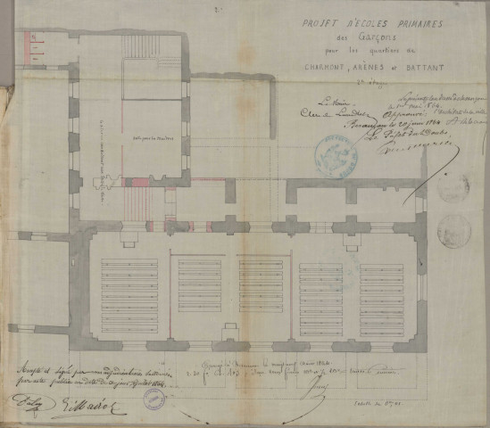 École de garçons, création dans l'ancien couvent des Petits Carmes : dossiers de marché, soumission (1864-1866) ; travaux : délibérations du conseil municipal, correspondance (1906-1927).