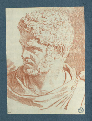 Tête d'homme, de trois quarts avant, regardant vers la gauche. Chevelure et barbe frisées, regard intense / Antoine-François Callet , [S.l.] : [A.-F. Callet], [1700-1800]
