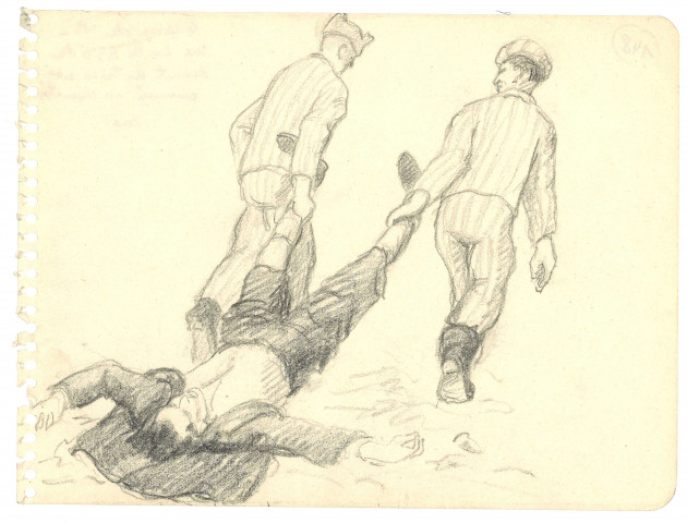 Le camarade B tué par les SS à la descente du train, dessin de Léon Delarbre