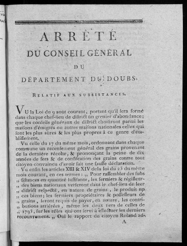 Arrêté du Conseil général du département du Doubs relatif aux subsistances [29 Août 1793]