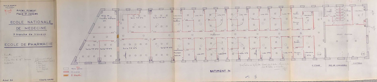 Ancien bâtiment de l'Arsenal (place Saint Jacques) - aménagements pour la faculté de médecine et de pharmacie, tranches 2 et 3 : délibérations du conseil municipal (participation de la ville) ; relations avec le rectorat : correspondance ; plans, dossier de consultation des entreprises, dossier de marché.