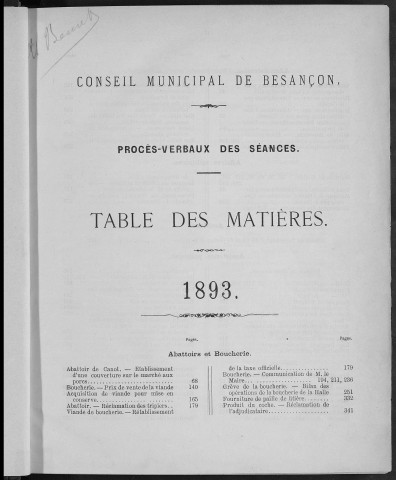 Registre des délibérations du Conseil municipal pour l'année 1893 (imprimé)