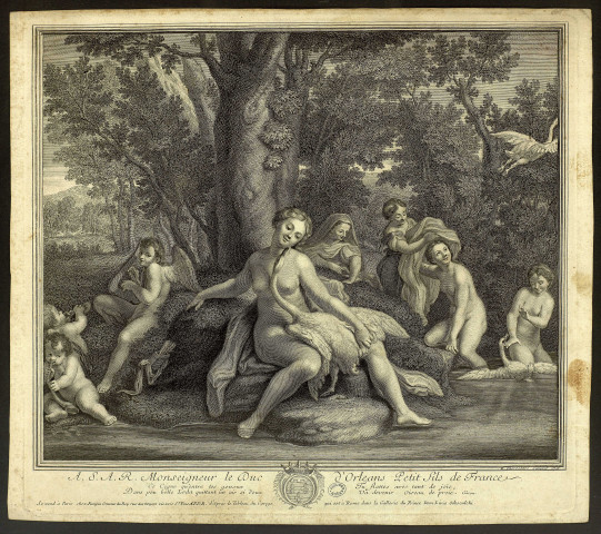 Léda [image fixe] / E.Desrochers sculpsit ; le tableau du Corege : Se vend à Paris chez Surugus Graveur du Roy rue des Noyers vis avis St Yves A.P.D.R., 1713
