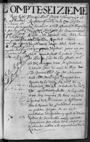 Comptes de la Ville de Besançon, recettes et dépenses, Compte de François Morel (1er juin 1662 - 31 mai 1663)