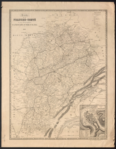 Carte de la Franche-Comté et des départements de la Haute-Saône, du Doubs et du Jura. 30 km. [Document cartographique] , Besançon : impr. Jacquin, 1900