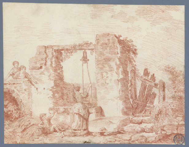 Femme tirant de l'eau à un puits devant un garçon , [France : Paris], [circa 1776]