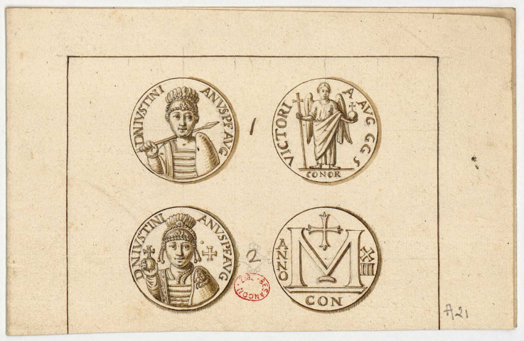 Deux monnaies romaines de l'empereur Justinien Ier [Image fixe] , [S.l.] : [s.n.], [circa 1650]