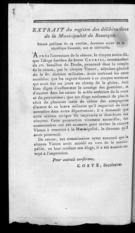 Oraison funèbre de Coursel et de ses compagnons d'armes, prononcé par Jean Viénot, adjudant général de la 6e division le 20 ventôse, 2e année de la République
