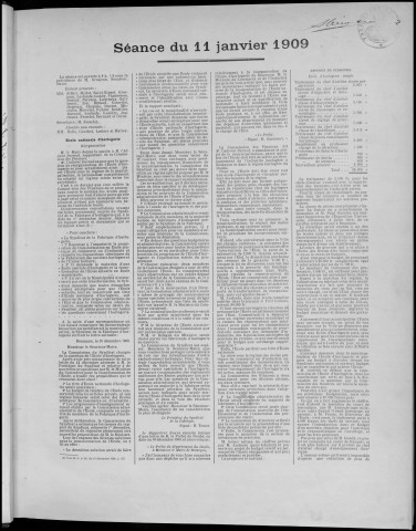 Registre des délibérations du Conseil municipal, avec table alphabétique, du 11 janvier au 25 août 1909
