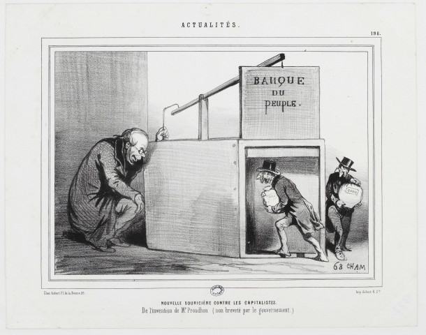 Nouvelle souricière contre les capitalistes. [image fixe] / Cham , Paris : chez Aubert Pl. de la Bourse, 29 - Imp. Aubert & Cie, 1849
