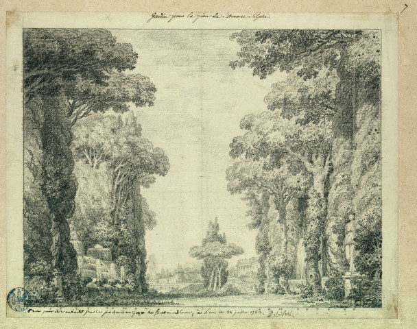 Jardin pour l'acte III de "L'Amant sylphe", opéra-comique créé à Fontainebleau le 24 octobre 1783. Projet de décor de théâtre / Pierre-Adrien Pâris , [S.l.] : [P.-A. Pâris], [1700-1800]