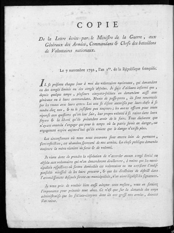 Les Administrateurs du Directoire du département du Doubs aux officiers municipaux des communes de son ressort. Besançon le 13 Novembre 1792