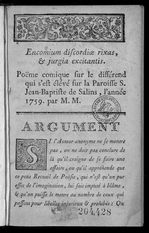 Encomium discordioe rixas, et jurgia excitantis. poëme sur le différend qui s'est élevé sur la paroisse S.-JeanBapt. de Salins (par Maurice Monnet)