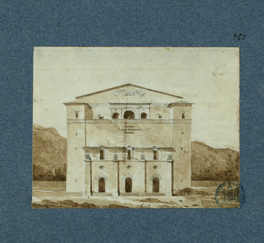 Façade d'une maison méditerranéenne avec trois inscriptions, une sur le fronton tenue par deux anges, une au-dessus de la loggia supérieure, et une sur le mur qui sépare la loggia de l'étage / Jean-Baptiste-Louis Le Faivre , [S.l.] : [J.-B.-L. Le Faivre], [1700-1800]