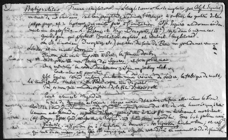 Ms 2874 - Tome I. Pierre-Joseph Proudhon. Notes et écrits divers.