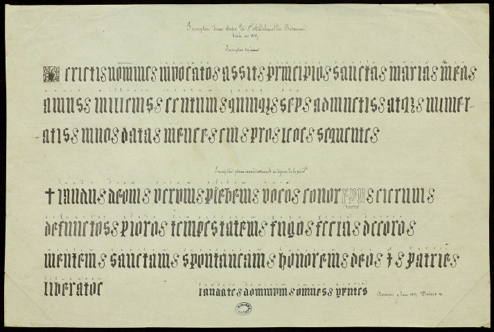 Inscription d'une cloche [du XVIe siècle] de Sainte-Madeleine de Besançon brisée en 1837 [dessin] / [recopiée par] V. Baille , [Besançon] : [V. Baille], 9 juin 1837