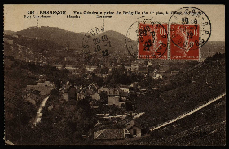Besançon-les-Bains. - Vue générale prise de Brégille. (Au 1er plan, le Village de Brégille) [image fixe] , Besançon : Etablissements C. Lardier ; C.L.B, 1915/1922