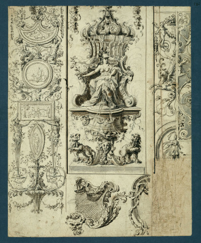 Divers motifs décoratifs, dont études de grotesques des Loges de Raphaël au Vatican et motifs de la voûte de l'église du Gesù à Rome , [S.l.] : [s.n.], [1692-1697]