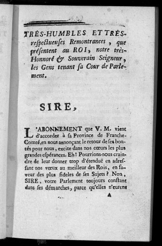 Remontrances du Parlement de Franche-Comté au roi pour supplier Sa Majesté d'accorder une seconde diminution sur l'abonnement du 14 mars 1757