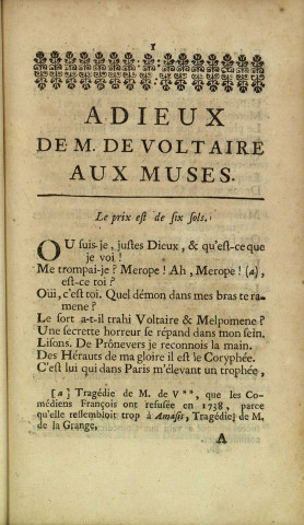 Adieux de M. de Voltaire aux muses