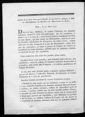 [Lettre circulaire des administrateurs composant le directoire du département du Doubs, datée de Besançon, le 21 septembre 1791]