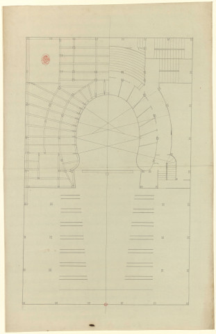 Versailles [Dessin] : Théâtres : plan du théâtre de la grande maison de bois : poutres du plancher côté salle ; divers plans des décors, côté scène , 1750/1799