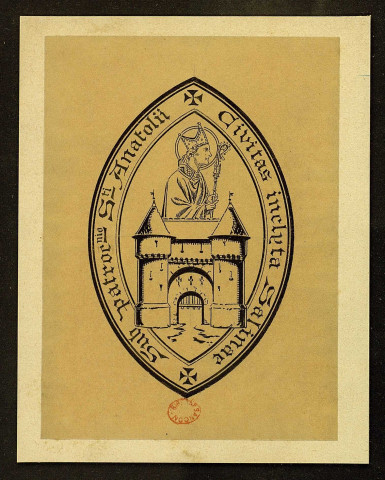 Calque d'un médaillon en forme d'ellipse ogivale représentant saint Anatoile, patron de la ville de Salins [dessin] , [S.l.] : [s.n.], [s.d.]