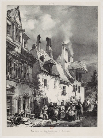 Vue d'une rue des faubourgs de Besançon [image fixe] : Franche-Comté / Bonington 1827, lith. de Engelmann, Faub Montmartre N° 6 à Paris , Paris : Engelmann, 1827