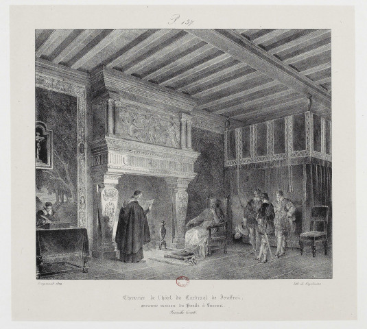 Cheminée de l'hôtel du Cardinal de Jouffroi, ancienne maison du Bailli à Luxeuil [estampe] : Franche-Comté / Fragonard 1829  ; lith. de Engelmann , [Paris] : [Engelmann, 1829