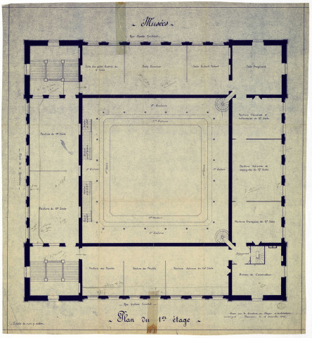 Rez-de-chaussée (5 exemplaires), 1er étage (1 exemplaire), coupes et élévation (1 exemplaire) : plans datés du 18 décembre 1941.