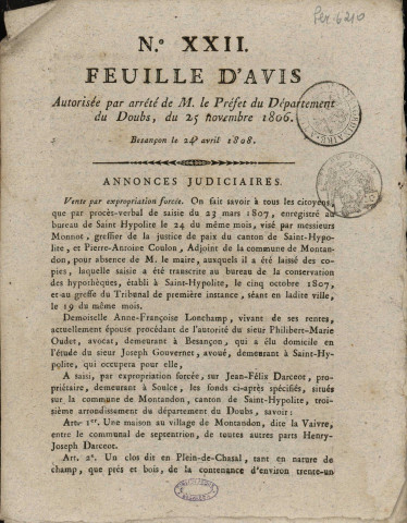 24/04/1808 - Feuille d'avis autorisée par arrêté de M. le Préfet du département du Doubs