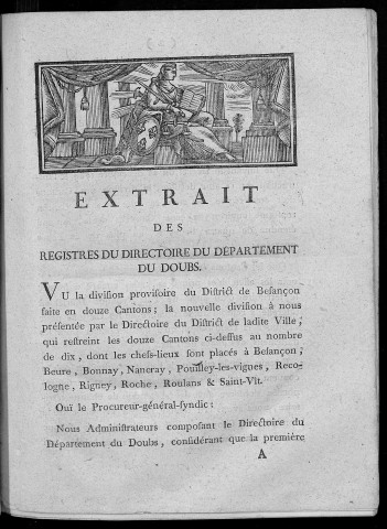 Extrait des registres du Directoire du département du Doubs. [Fait au Directoire à Besançon le 19 Octobre 1790]