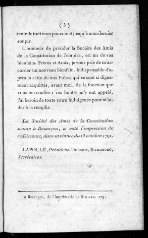 Discours prononcé le 13 octobre 1791, à la Société des amis de la constitution séante à Besançon par M. Lapoule, président de la société