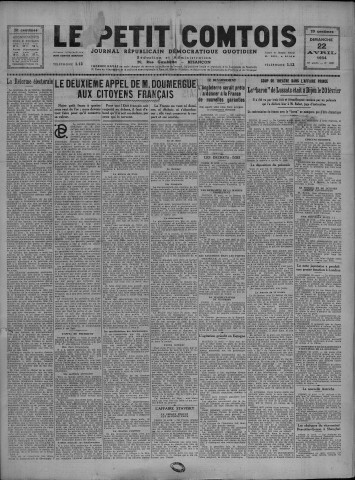 22/04/1934 - Le petit comtois [Texte imprimé] : journal républicain démocratique quotidien