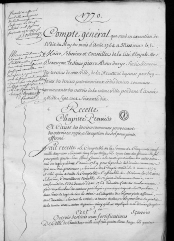 Comptes de la Ville de Besançon, recettes et dépenses, Compte de Pierre Bourdarye (1770)