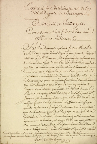 Puits, adjudication de l'entretien des fontaines de la Ville :
- Concessions de filets d'eau faites par la municipalité à divers particuliers (1686-1768).
- Entretien des puits de la ville, établissement de pompes publiques.
- Construction de la citerne publique de Saint-Ferjeux.