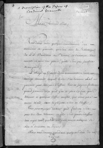 Ms 2228 - Description de la correspondance manuscrite du cardinal de Granvelle conservée à la Bibliothèque municipale de Besançon