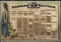 Harmonie nautique bisontine : tableau peint en couleur des membres de la société répartis entre les différents corps (comprend les armoiries de la société), longueur 106,5 x hauteur 72 cm (document restauré en 2017), signé J. Mornand, XIXe siècle.